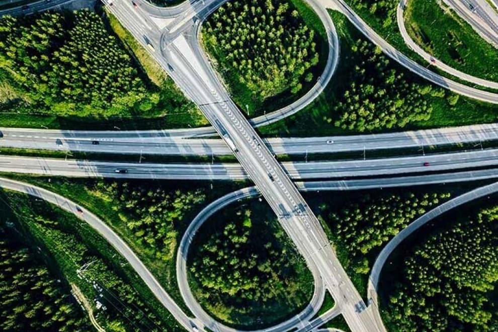 aerial shot of intersecting interstates